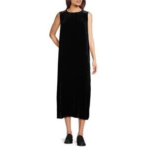 Eileen Fisher Black Velvet Midi Shift Dress Size Small Minimalist Lagenlook Glam